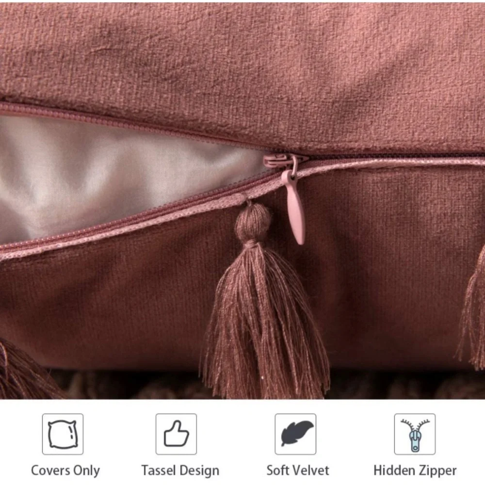 Luxury Home | Oversized Boho Chic Mauve Soft Velvet Tassel Trim Pillow Covers